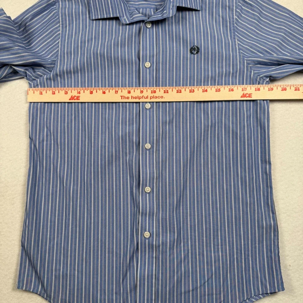 Ralph Lauren‎ Button Up Shirt Boys 18 Blue White Striped Crest Logo Long Sleeve